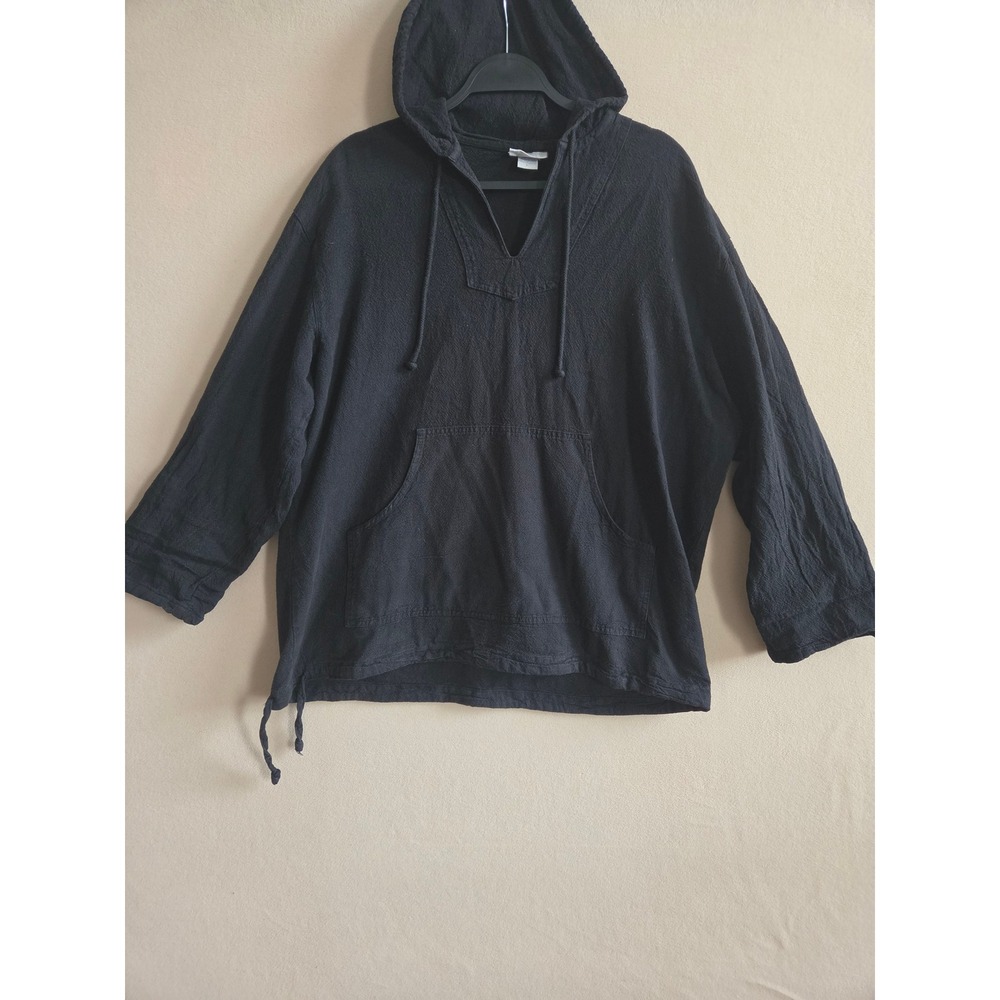 Soft Surroundings Black Gauze Cotton Hoodie Pullover V-Neck Boho L